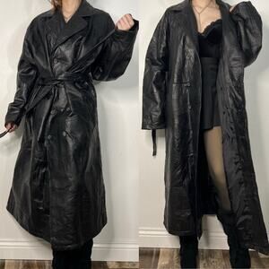 Leather Patchwork Trench Coat Belted Black Size XXL